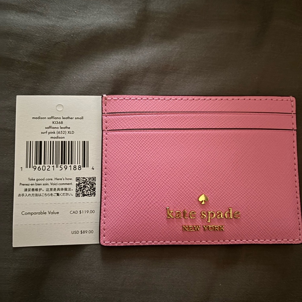 Kate Spade Leather Card Holder Surf Pink -Madison Saffiano Brand New K1368